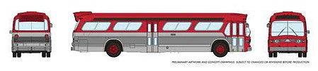 Rapido Trains 573097 N Scale 1959-1986 GM New Look-Fishbowl Bus with Working Headlights - Assembled -- Red, Silver