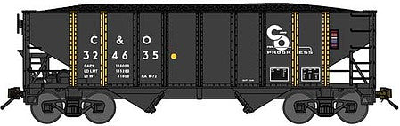 Bluford Shops 65220 N Scale 8-Panel 2-Bay Open Hopper with Load - Ready to Run -- Chesapeake & Ohio 324635 (black, yellow ribs, Progress Logo)