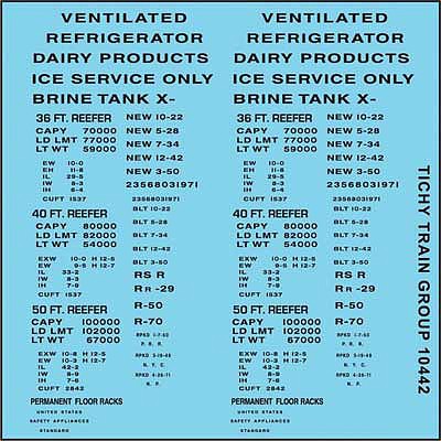 Tichy Trains 10442 HO Scale Railroad Decal Set -- 36', 40', 50' Reefer Data, Gothic Lettering (black)