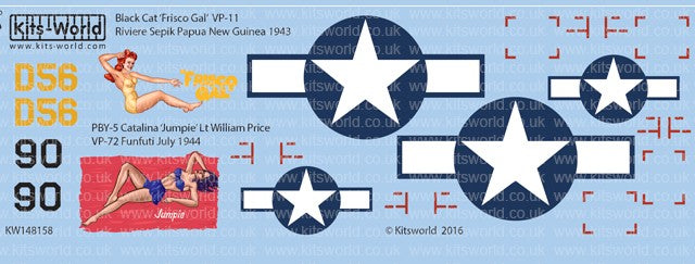 Warbird Decals Kits World 148158 1/48 PBY5 Catalina Black Cat Frisco Gal VP11 Riviere Sepik Papua New Guinea 1943, Jumpie Lt William Price VP72 Funfuti July 1944
