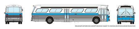 Rapido Trains 573003 N Scale 1959-1986 GM New Look-Fishbowl Bus with Working Headlights - Assembled -- Montreal (white, silver, blue)