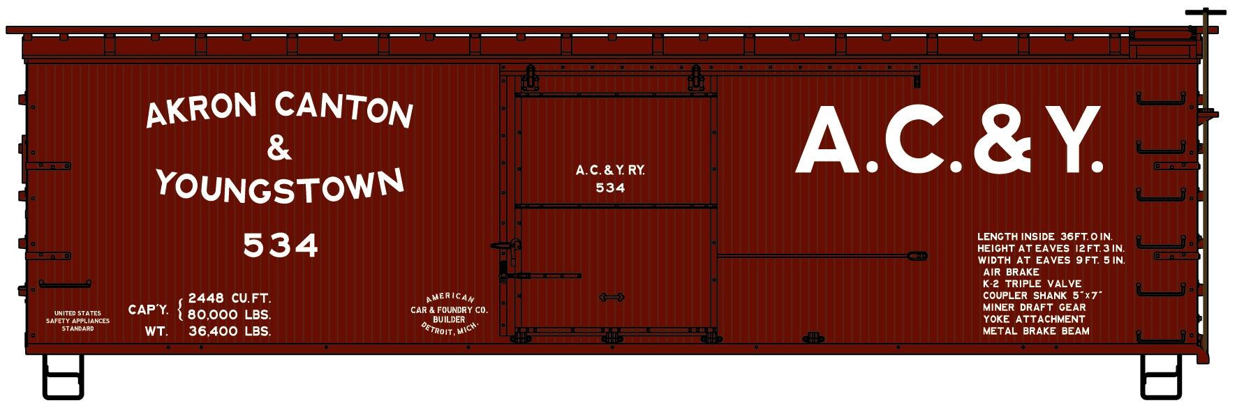 Accurail 1712 Ho 36'Ds Wood Boxcar Ac&Y Fish Underfram