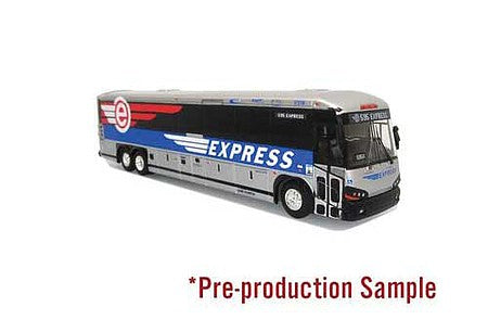 Iconic Replicas 870321 HO Scale MCI D4505 Bus - Assembled -- 595 Express (blue, red, white)