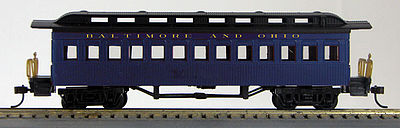 Con-Cor 1005640 HO Scale 1880s Wood Open-Platform Coach - Ready to Run -- Baltimore & Ohio #182 (blue, Color Matches Bachmann 2015 Version 4-4-0)