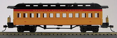 Con-Cor 1005642 HO Scale 1880s Wood Open-Platform Coach - Ready to Run -- Western & Atlantic #72 (yellow, Color Matches Bachmann 2015 Version 4-4-0)