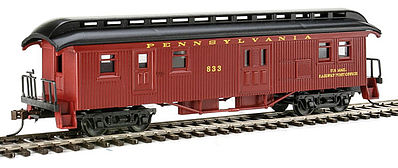Con-Cor 1005713 HO Scale 1880s Wood Open-Platform Baggage-RPO - Ready to Run -- Pennsylvania Railroad #87 (Tuscan, Color Matches Bachmann 2015 Version 4-4-0