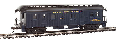 Con-Cor 1005714 HO Scale 1880s Wood Open-Platform Baggage-RPO - Ready to Run -- Baltimore & Ohio #839 (blue, Color Matches Bachmann 2015 Version 4-4-0)