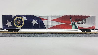 Con-Cor 1006053 N Scale 85' Hi-Cube Plug-Door Boxcar w/Display Track - Ready to Run -- Donald Trump Inauguration Scheme (red, white, blue)