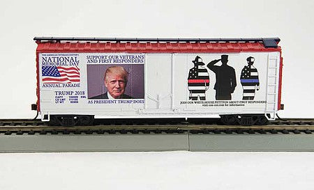 Con-Cor 1006061 N Scale 40' Plug-Door Boxcar with 10" Display Track - Ready to Run -- Trump Memorial Day 2018 Commemorative (white, red, blue, black)