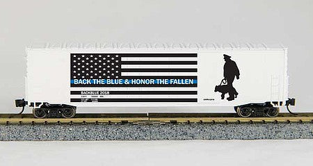 Con-Cor 1006065 N Scale 50' Plug-Door Boxcar with 10" Display Track - Ready to Run -- Police First Responder Commemorative