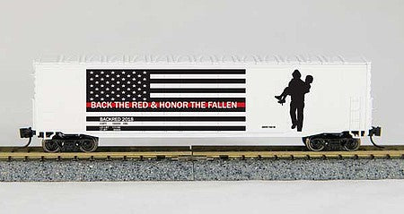 Con-Cor 1006069 N Scale 50' Plug-Door Boxcar with 10" Display Track - Ready to Run -- Fire First Responder Commemorative