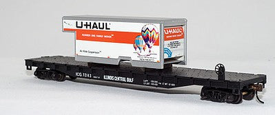 Con-Cor 1009288 HO Scale 54' Flatcar w/U-Haul Truck Body Load - Ready to Run -- Illinois Central Gulf #72143 (black w/New Mexico Body)