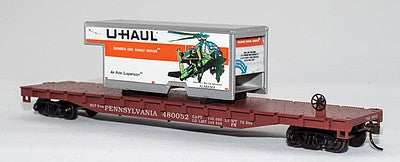 Con-Cor 1009289 HO Scale 54' Flatcar w/U-Haul Truck Body Load - Ready to Run -- Pennsylvania Railroad #480052 (Tuscan w/Alabama Body)