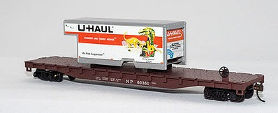 Con-Cor 1009290 HO Scale 54' Flatcar w/U-Haul Truck Body Load - Ready to Run -- Northern Pacific #60361 (Boxcar Red w/Utah Body)