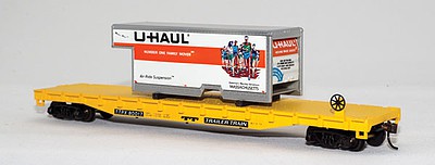 Con-Cor 1009292 HO Scale 54' Flatcar w/U-Haul Truck Body Load - Ready to Run -- Trailer-Train #80017 (yellow, black w/Massachusetts Body)