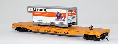 Con-Cor 1009293 HO Scale 54' Flatcar w/U-Haul Truck Body Load - Ready to Run -- Denver & Rio Grande Western #23076 (orange w/Oklahoma Body)