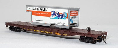 Con-Cor 1009294 HO Scale 54' Flatcar w/U-Haul Truck Body Load - Ready to Run -- Western Pacific #2217 (Boxcar Red w/South Dakota Body)