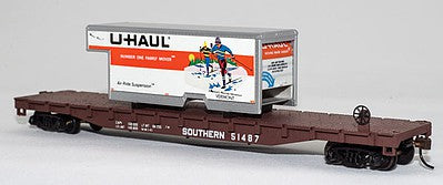 Con-Cor 1009298 HO Scale 54' Flatcar w/U-Haul Truck Body Load - Ready to Run -- Southern Railway #51487 (Boxcar Red w/Vermont Body)