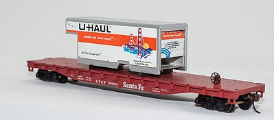 Con-Cor 1009299 HO Scale 54' Flatcar w/U-Haul Truck Body Load - Ready to Run -- Santa Fe #93804 (Boxcar Red w/California Body)