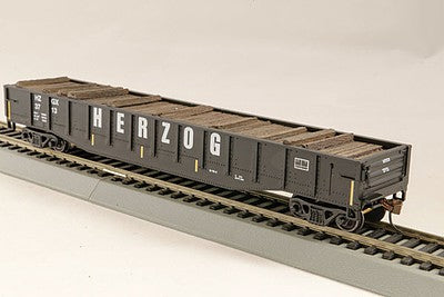Con-Cor 1092122 HO Scale Steel Gondola w/Half Tie Load - Ready to Run -- Herzog #2 (black, Large Lettering, yellow Conspicuity Marks)