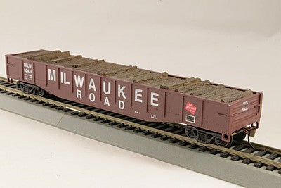 Con-Cor 1092123 HO Scale Steel Gondola w/Full Tie Load - Ready to Run -- Milwaukee Road #1 (Boxcar Red, white, Billboard Lettering, TMR Logo)
