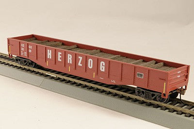 Con-Cor 1092129 HO Scale Steel Gondola w/Full Tie Load - Ready to Run -- Herzog #1 (oxide, Large Lettering, yellow Conspicuity Marks)