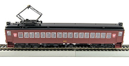 Con-Cor 1094779 HO Scale Electric MumP54 MU Coach w/Pantograph - Unpowered -- Pennsylvania Railroad #443 (Tuscan, black, red Keystone, Aluminum Windows)