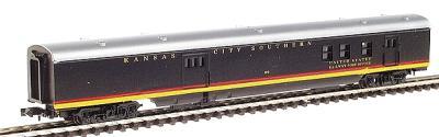 Con-Cor 140227 N Scale 85' Streamlined Smoothside Railway Post Office/Baggage Car -- Kansas City Southern (black, red, yellow)