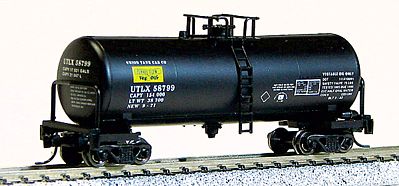 Con-Cor 14395 N Scale 40' Funnel-Flow Tank Car - Ready to Run -- UTLX #58799 (black, yellow, Vegetable Oiler Logo)