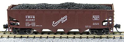 Con-Cor 14487 N Scale 75-Ton 4-Bay Open Hopper w/Load; New Trucks & Micro-Trains Couplers -- Chicago, Burlington & Quincy