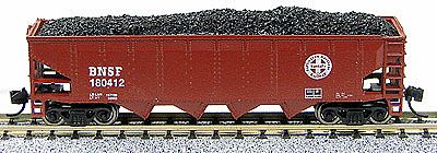 Con-Cor 14489 N Scale 75-Ton 4-Bay Open Hopper w/Load; New Trucks & Micro-Trains Couplers -- Santa Fe w/Round BNSF Logo