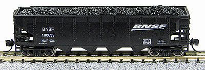 Con-Cor 14491 N Scale 75-Ton 4-Bay Open Hopper w/Load; New Trucks & Micro-Trains Couplers -- BNSF (black w/Swoosh logo)
