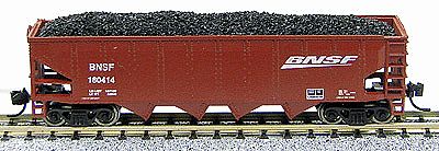 Con-Cor 14492 N Scale 75-Ton 4-Bay Open Hopper w/Load; New Trucks & Micro-Trains Couplers -- BNSF (Mineral Red w/Swoosh)