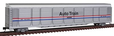 Con-Cor 14760 N Scale Tri-Level Auto Rack - Ready to Run -- Amtrak #9087 (Phase III; silver, Equal red, white, blue Stripes)