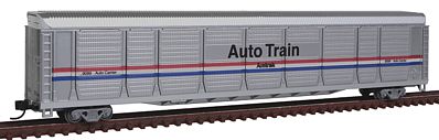Con-Cor 14761 N Scale Tri-Level Auto Rack - Ready to Run -- Amtrak #9099 (Phase III; silver, Equal red, white, blue Stripes)