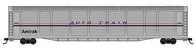 Con-Cor 14762 N Scale Tri-Level Auto Rack - Ready to Run -- Amtrak #9107 (Phase IV; silver, Wide blue & Thin red Stripes)