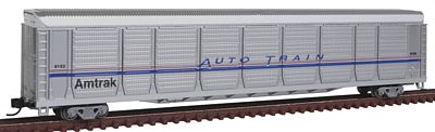 Con-Cor 14763 N Scale Tri-Level Auto Rack - Ready to Run -- Amtrak #9102 (Phase IV; silver, Wide blue & Thin red Stripes)