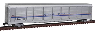 Con-Cor 14764 N Scale Tri-Level Auto Rack - Ready to Run -- Amtrak #3 (Phase IV; silver, wide blue and thin red and white stripes)