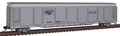 Con-Cor 14766 N Scale Tri-Level Auto Rack - Ready to Run -- Amtrak #9202 (Phase IVb; silver, red, blue, Wave Logo)