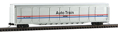 Con-Cor 14787 N Scale Tri-Level Auto Rack - Ready to Run -- Amtrak #9082 (Phase III: silver; Equal Width red, white, blue Stripes)