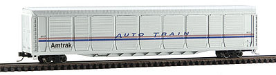 Con-Cor 14791 N Scale Tri-Level Auto Rack - Ready to Run -- Amtrak #9117 (Phase IV; silver, Wide blue & Narrow red Stripes)