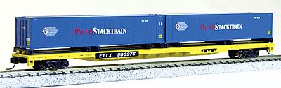 Con-Cor 14881 N Scale 89' Flatcar w/2 Containers - Ready to Run -- Trailer-Train Flat (yellow, black), Pacer Stacktrain Containers (blue)