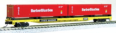 Con-Cor 14882 N Scale 89' Flatcar w/2 Containers - Ready to Run -- TTX Flat (yellow, black), Barber Blue Sea Containers (red)