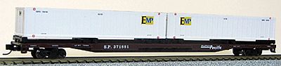 Con-Cor 14883 N Scale 89' Flatcar w/2 Containers - Ready to Run -- Southern Pacific Flat (brown, Speed Lettering), EMP Containers (white)