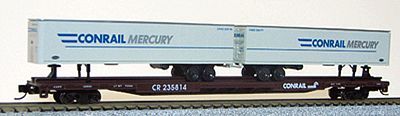 Con-Cor 14893 N Scale 89' Flatcar w/2 Trailers - Ready to Run -- Conrail Flat (brown), Conrail Mercury Trailers (white, blue)