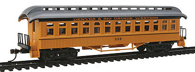 Con-Cor 15601 HO Scale 1880s Wood Open-Platform Coach - Ready to Run -- Denver & Rio Grande Western #336 (yellow, silver Roof)