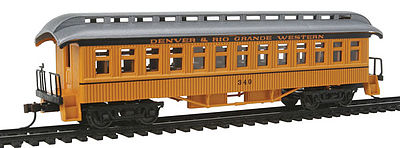 Con-Cor 15602 HO Scale 1880s Wood Open-Platform Coach - Ready to Run -- Denver & Rio Grande Western #340 (yellow, silver Roof)