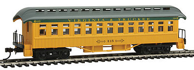 Con-Cor 15604 HO Scale 1880s Wood Open-Platform Coach - Ready to Run -- Virginia & Truckee #115 (yellow, green, gray)