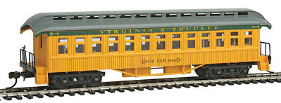 Con-Cor 15605 HO Scale 1880s Wood Open-Platform Coach - Ready to Run -- Virginia & Truckee #116 (yellow, green, gray)