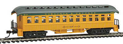 Con-Cor 15606 HO Scale 1880s Wood Open-Platform Coach - Ready to Run -- Virginia & Truckee #117 (yellow, green, gray)